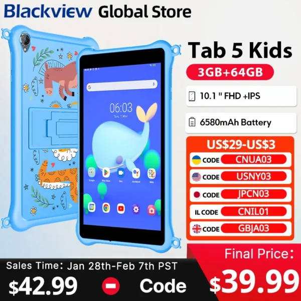 Blackview Tab 5 Kids Tablet 8" HD+ IPS Display 5GB(3+2) 64GB Eye-protection Mode Android 12 5580mAh Children Study Tablets PC